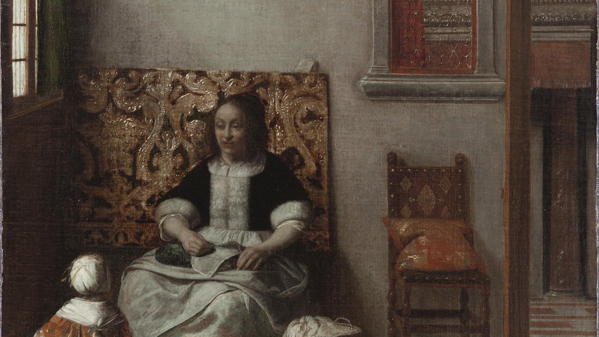 Interior with a Woman sewing and a Child - Hooch, Pieter